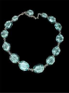 Aqua Faceted Glass Bead Necklace sterling silver clasp chain